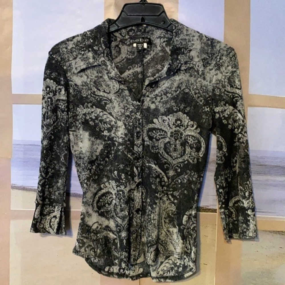 BeBe black & gray semi sheer‎ stretchy shirt Made in the USA